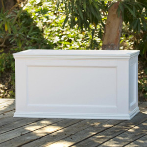Rectangle Cape Cod PVC Planters on wood deck with plants in background Rectangle Cape Cod PVC Planters on wood deck with plants in background