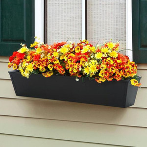 36" Black Galvanized 2-in-1 Metal Tapered Window Box or Liner mounted under window with green shutters 36" Black Galvanized 2-in-1 Metal Tapered Window Box or Liner mounted under window with green shutters