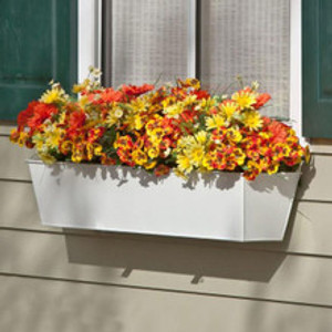 36" White Galvanized 2-in-1 Metal Tapered Window Box or Liner mounted on house with green shutters 36" White Galvanized 2-in-1 Metal Tapered Window Box or Liner mounted on house with green shutters