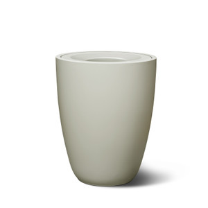 Rocca Round Trash Receptacle shown in a dove finish on white background Rocca Round Trash Receptacle shown in a dove finish on white background