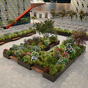 High angle of mod wall planter shown in black fox with plants.