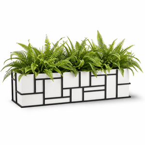 Mondrian window box with white liner and Boston Ferns