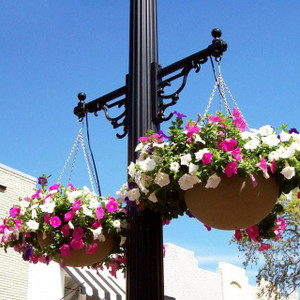 2 Fiberglass Hanging Baskets mounted on a bracket on a fluted post with blue sky in background 2 Fiberglass Hanging Baskets mounted on a bracket on a fluted post with blue sky in background