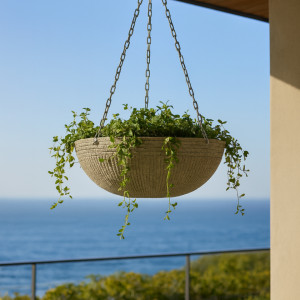 Zaragoza Hanging Basket attached to a seaside home with ocean in background