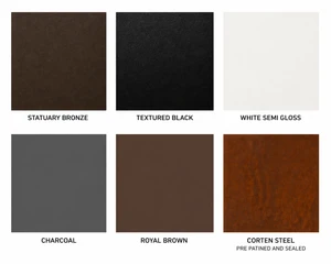 Metal Powder Coat Chart featuring statuary bronze, textured black, white, charcoal, royal brown and corten steel