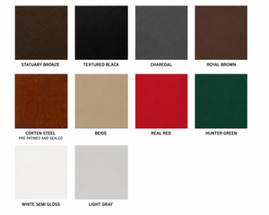 Metal Powder Coat Chart featuring statuary bronze, textured black, white, charcoal, royal brown, corten steel, beige, real red, hunter green, and light gray