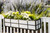 Angle view of simple elegance window box and white pvc liner with fence rail brackets and flowers.