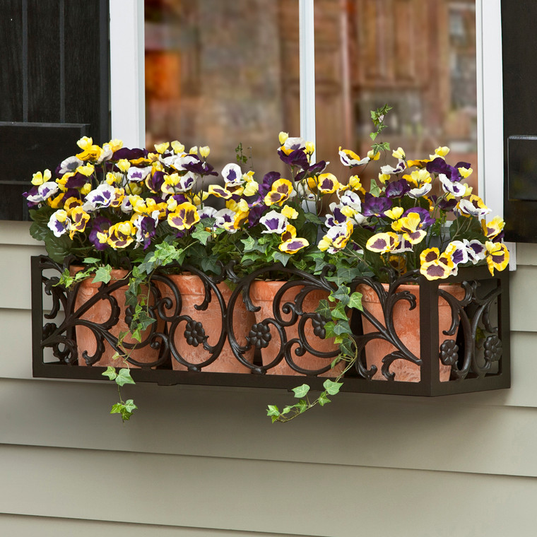 French Quarter Window Box at side angle filled with terracotta pots and flowers