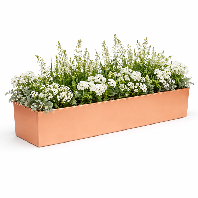 36" Real Copper 2-in-1 Window Box or Liner with white flowers