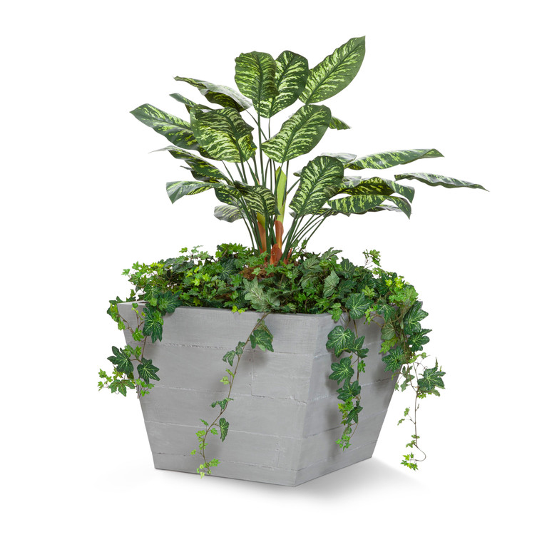 Baxter Fiberglass Tapered Square Planter planted with green plants