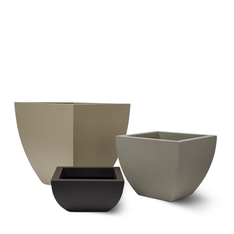 Rocca Fiberglass Tapered Square Planter shown in 3 sizes