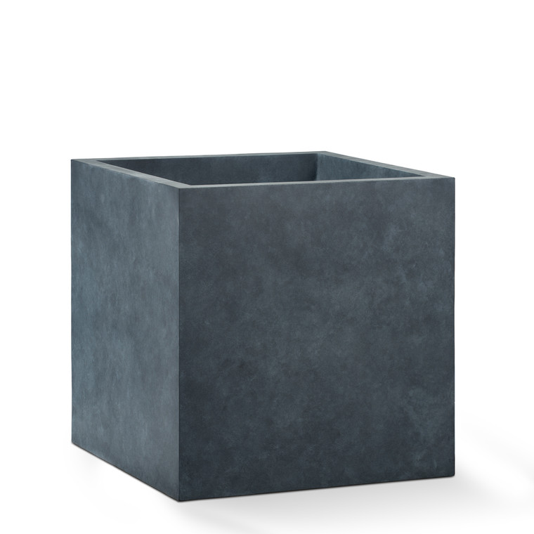 Modern square Fiberstone planter shown in a zinc finish.