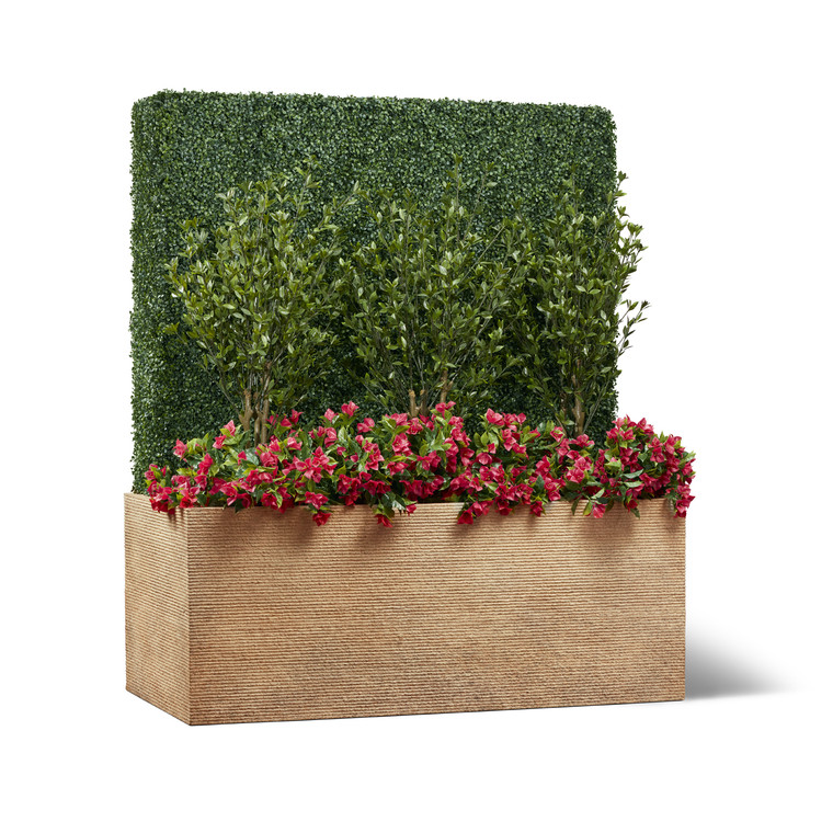 Strato planter with boxwood hedge, trees and flowers