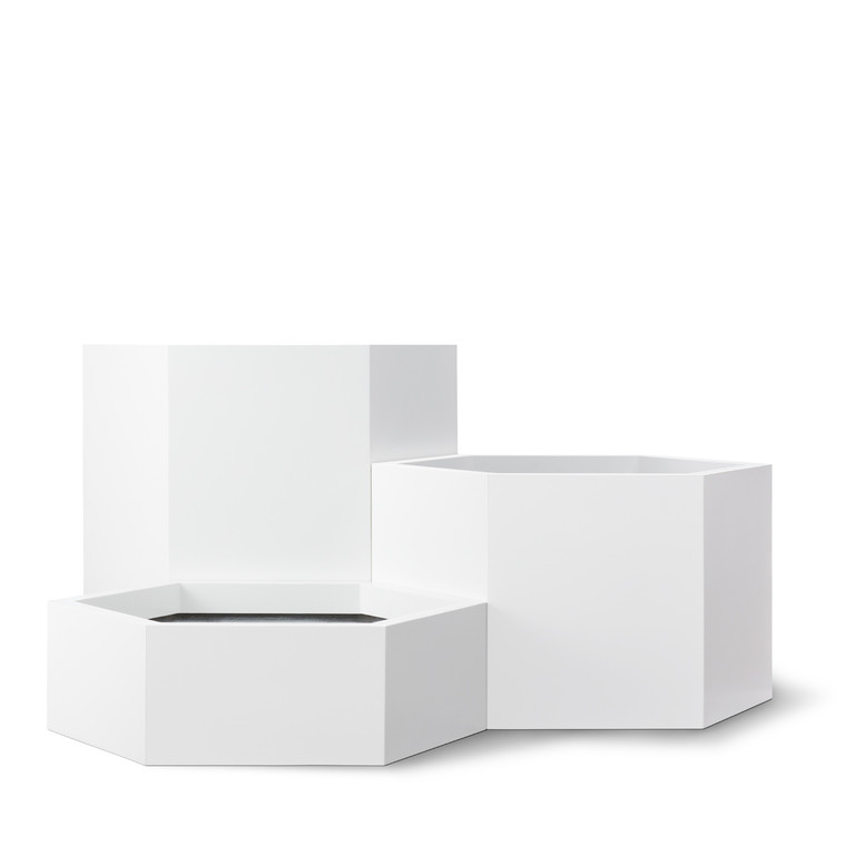 Hexagon planters shown in white.