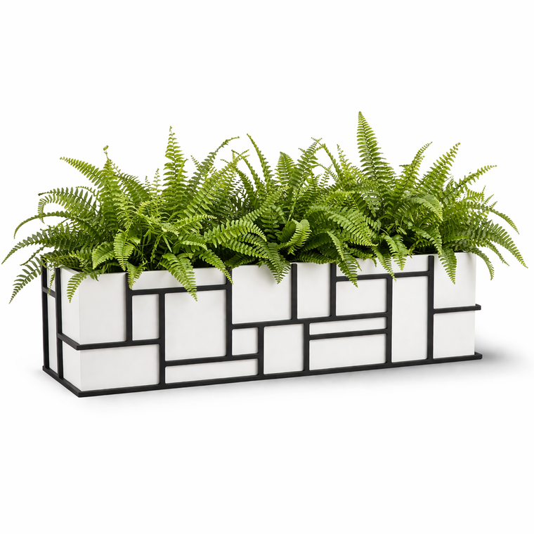 Mondrian window box with white liner and Boston Ferns