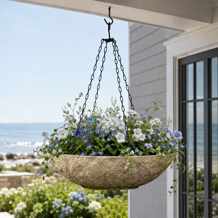 Primitive Hanging Basket in a seaside resort with ocean in background