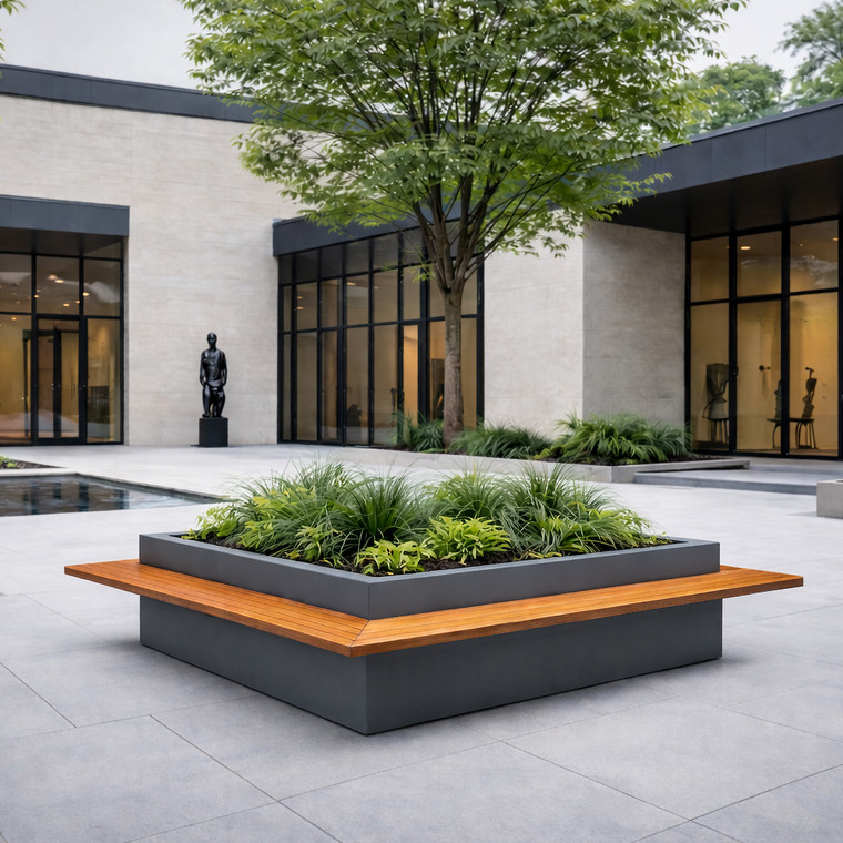 Planter with Integrated Perimeter Bench in a corporate plaza