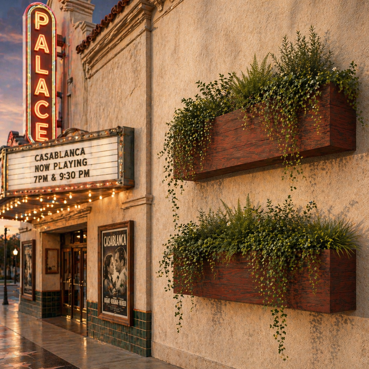 Madera Fiberglass Wall Mount Planters on vintage movie theater