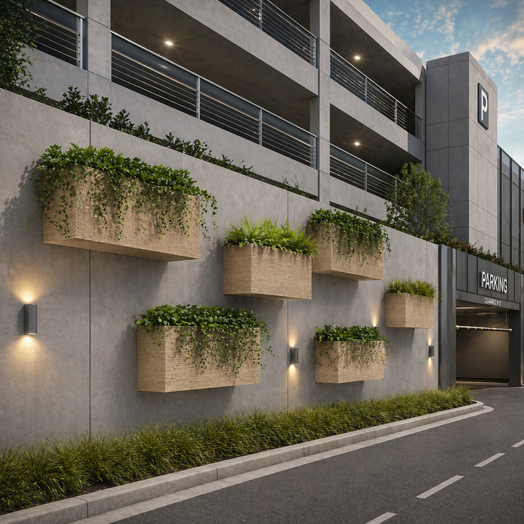 Strato Fiberstone Wall Mount Planters on a parking structure
