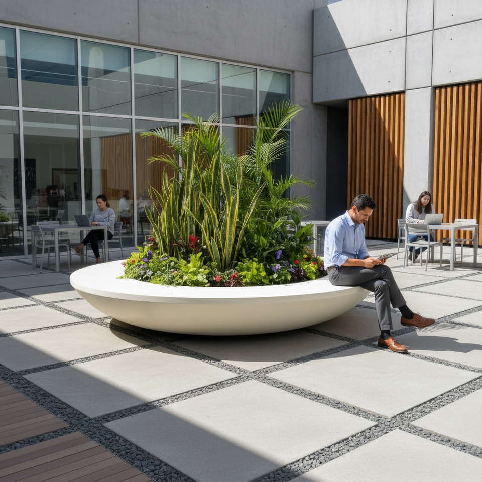 people-round-planter-bench-planter-dimensions-courtyard People sitting on and around a round planter bench with large planter dimensions in a building courtyard