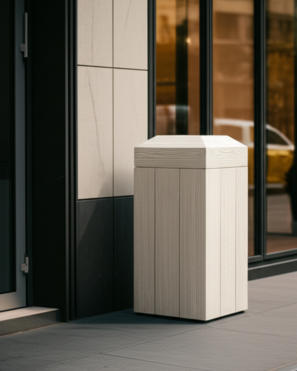 A Madera fiberglass trash receptacle in white oak sits at a building entrance