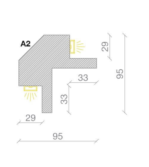 Profilo angolare con luce bi-direzionale per angolo tra soffitto e parete Profilo angolare con luce bi-direzionale per angolo tra soffitto e parete