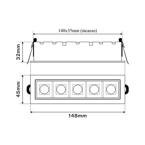 Faro LED Incasso 12W Nero Rettangolare Foro 140x35mm CRI92 Faro LED Incasso 12W Nero Rettangolare Foro 140x35mm CRI92