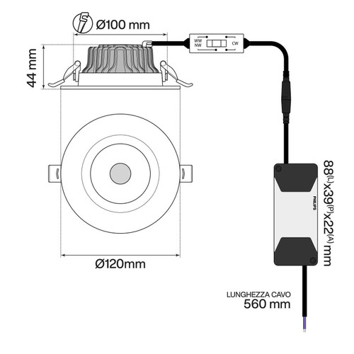 Faro da incasso 10W, Bianco, Foro Ø100mm, CCT, 130 lm/w, PHILIPS Driver, Bridgelux LED Faro da incasso 10W, Bianco, Foro Ø100mm, CCT, 130 lm/w, PHILIPS Driver, Bridgelux LED