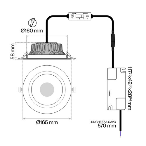 Faro da incasso 20W, Foro Ø160mm, CCT, 130 lm/w, Driver PHILIPS, Bridgelux - Bianco Faro da incasso 20W, Foro Ø160mm, CCT, 130 lm/w, Driver PHILIPS, Bridgelux - Bianco