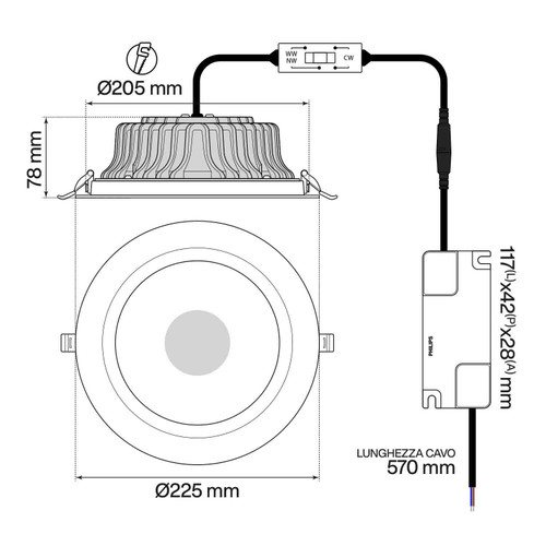 Faro da incasso 42W, Foro Ø205mm, CCT, 130 lm/w, Driver PHILIPS, Bridgelux - Bianco Faro da incasso 42W, Foro Ø205mm, CCT, 130 lm/w, Driver PHILIPS, Bridgelux - Bianco