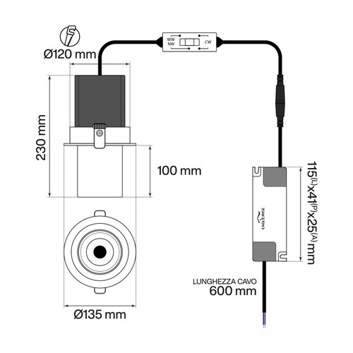 Faro LED da Incasso 30W Orientabile CCT Foro Ø120mm 60° Bridgelux LED