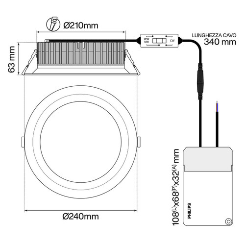 Faro LED da Incasso 60W, Foro Ø210mm, Driver PHILIPS, CCT, UGR19, 8.400lm Faro LED da Incasso 60W, Foro Ø210mm, Driver PHILIPS, CCT, UGR19, 8.400lm