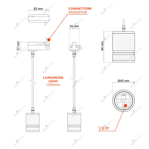 Lampada a Sospensione E27 per Binario Monofase - Nera 1,5 metri Lampada a Sospensione E27 per Binario Monofase - Nera 1,5 metri