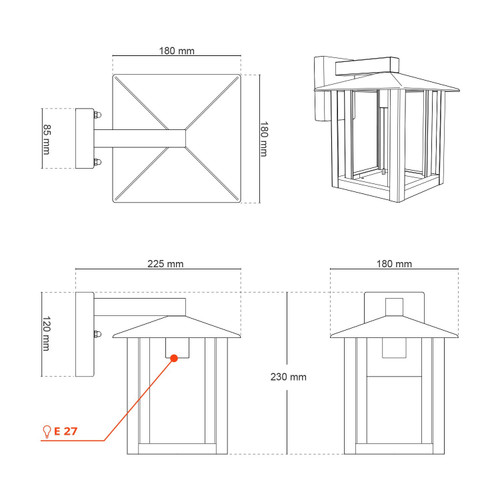 Applique Nera E27, IP54 per Esterni - Serie PILLAR Applique Nera E27, IP54 per Esterni - Serie PILLAR
