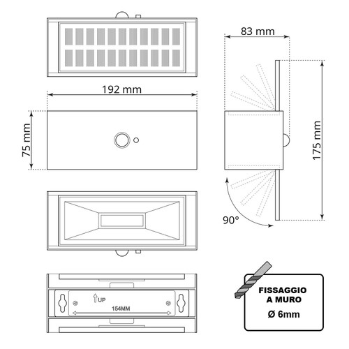 Applique LED Solare Nera, Rettangolare, con Sensore di Movimento
