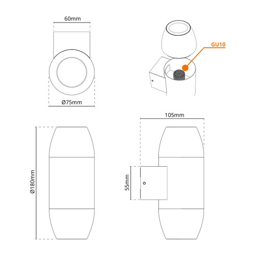 Applique Ovale Bidirezionale IP65 GU10 per esterni - Grigia Applique Ovale Bidirezionale IP65 GU10 per esterni - Grigia