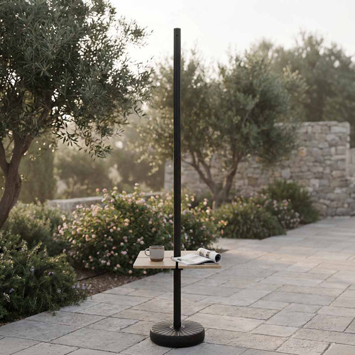 Palo Nero per Lampade Solari 2,7m con Tavolino Quadrato e Base Zavorrabile