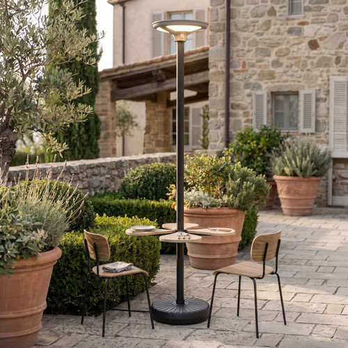 Palo Nero per Lampade Solari 2,7m con Tavolino a Petali e Base Zavorrabile