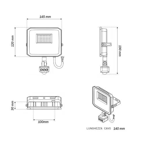 Faro LED 30W IP65 Nero con Sensore di Movimento e OSRAM chip LED