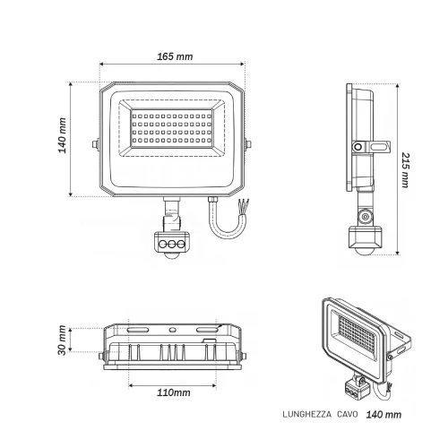 Faro LED 50W IP65 Nero con Sensore di Movimento e OSRAM chip LED