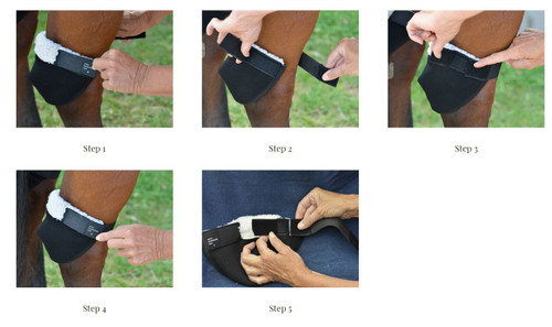 1:Put the side with the label on the outside of the leg.
2:Bring the elastic strap around the inside of leg to the outside.
3:Pull the strap for a “snug” fit.
4:Lock top Velcro flap down.
5:Adjust inside tab ONLY if outside tab is too long or too short.
