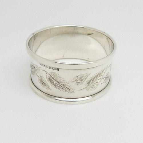 Pretty vintage leaf engraved silver Napkin Ring ,  Sheffield 1977