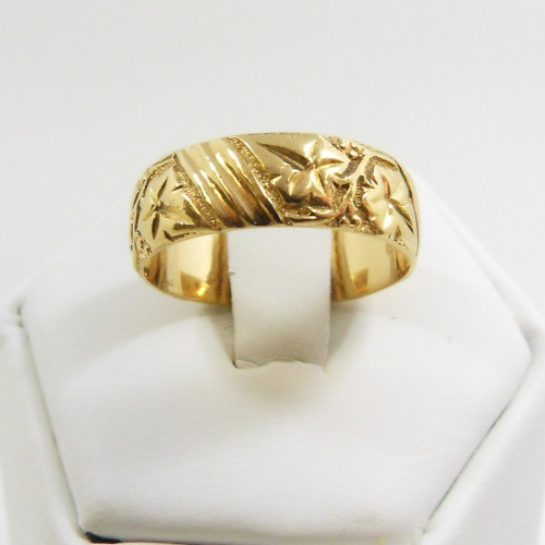 Edwardian 18ct yellow gold ivy leaf design wedding band ring  size N Birmingham 1906