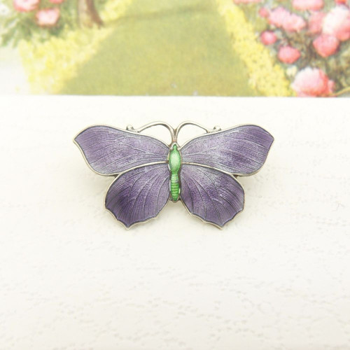 Beautiful sterling silver & purple enamel butterfly brooch by J Aitkin & Sons