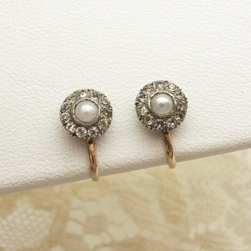 Antique dainty faux pearl & paste set screw earrings