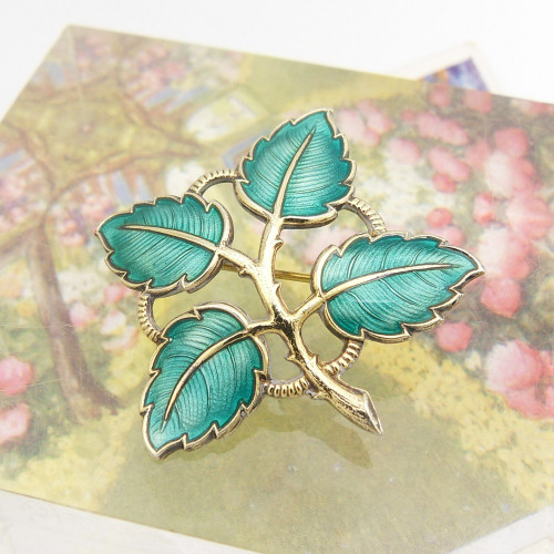 Vintage silver gilt & green enamel leaves brooch by Norwegian designer Aksel Holmsen