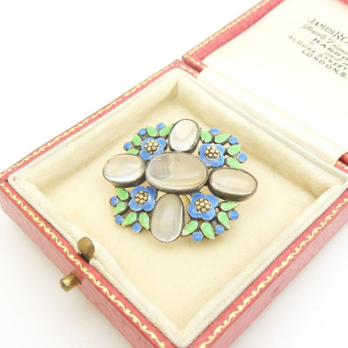 Beautiful arts & crafts enamel flowers & moonstone set brooch