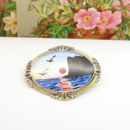 Vintage silver gilt enamel coastal scene brooch by Arne Nordlie