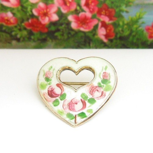 Vintage silver hand painted rose enamel heart brooch by Opro