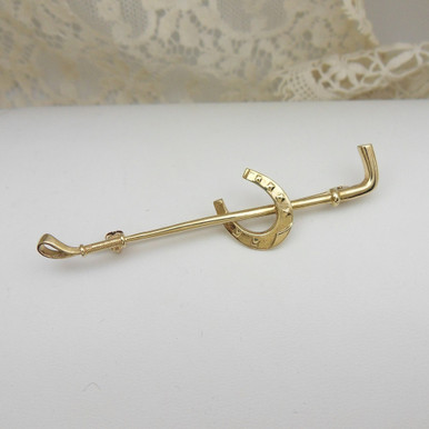 Vintage 9ct gold stock pin / brooch riding crop & horseshoe